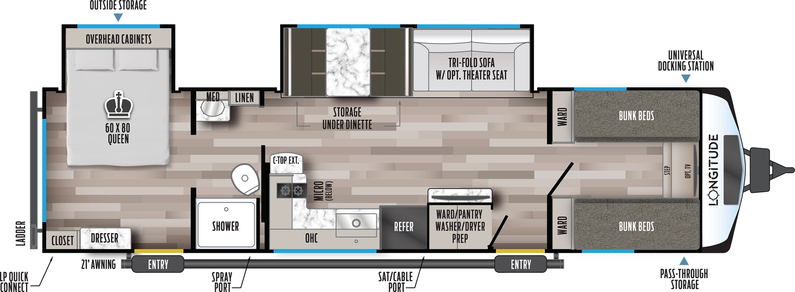 The Longitude 315FB floorplan has two entries and two slide outs. Exterior features include: fiberglass exterior and 21' awning. Interiors features include: bunk beds, rear bedroom and pass through bathroom.